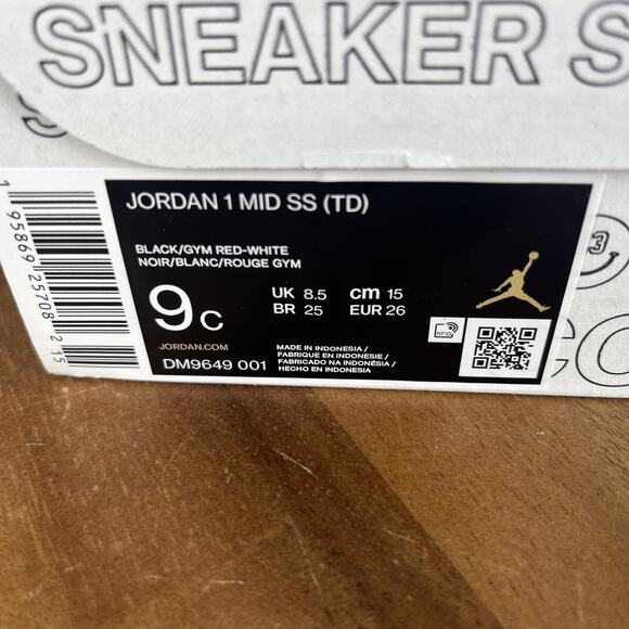 Size 9c - New Air Jordan 1 Mid SS TD Bred Black Gym Red White Toddler DM9649 001 - Picture 11 of 12